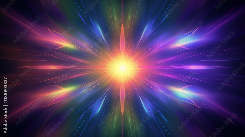 Poster vibrant abstract light burst with colorful rays and dynamic patterns for creative design projects