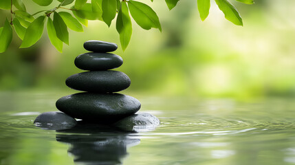 Fototapeta premium Zen stones arranged in a pyramid on a water surface, with green leaves surrounding them