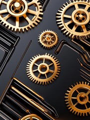 Fototapeta premium Golden Gears on Black Circuitry - Precision, technology, engineering, luxury, and mechanism. Gold gears mesh on a black circuit board background.