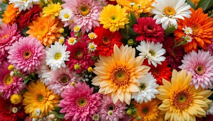 Flowers wall background with amazing red, orange, pink, purple, green and white chrysanthemum flowers. Vintage-style artificial flowers wall background in pastel colors with roses, peonies