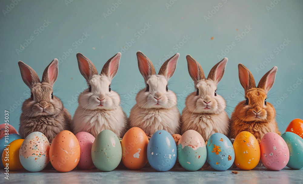 Poster Five rabbits are standing in a row in front of a bunch of eggs. The eggs are in different colors, including blue, green, and yellow