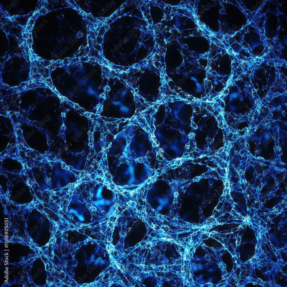 Poster close-up exploration of intricate blue bubble structures in abstract digital art