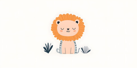 Obraz premium Adorable cartoon lion cub sitting peacefully amidst simple foliage. Perfect for children's books, cards, or prints.