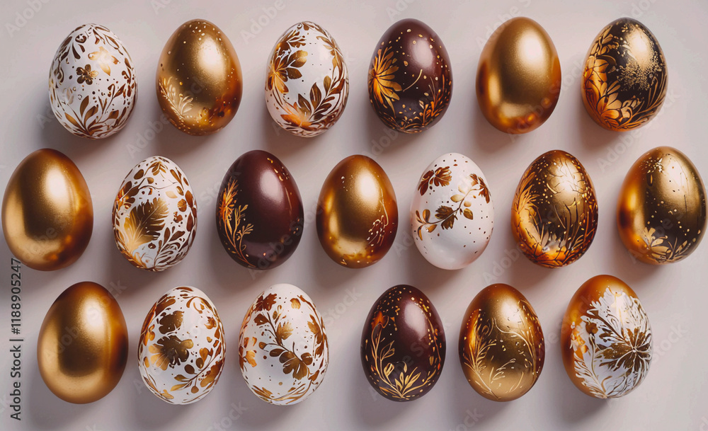 Poster row of gold and white eggs with designs on them. some are brown and some are white