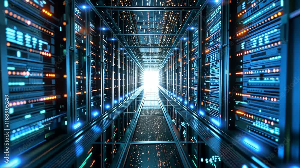 Poster exploring a futuristic data center featuring glowing servers and bright pathways