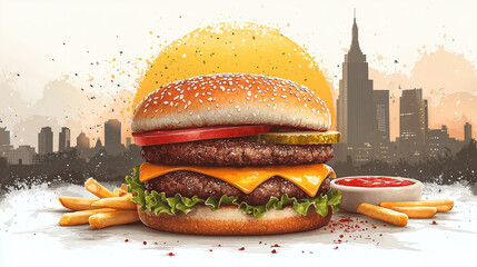 Classic tasty burger with potato fries