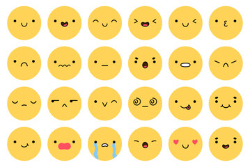 A big emoji set with different facial expressions. Yellow characters with happy, joyful, disappointed, sad, surprised,angry, playful mood. Vector flat illustration. Perfect for social media, stickers.