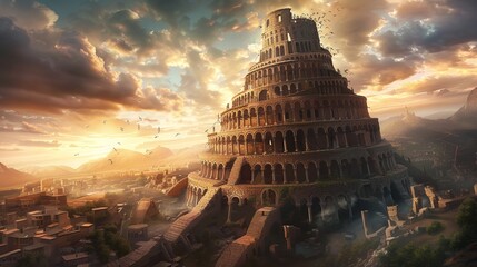 A stunning artistic depiction of the tower of babel with vibrant colors and intricate details