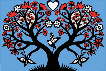 Obraz premium Vibrant Folk Art Tree Illustration with Bird and Floral Heart Design