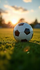 Fototapeta premium A close-up of a soccer ball on a lush green field during sunset, symbolizing the passion for the game and the spirit of sportsmanship.