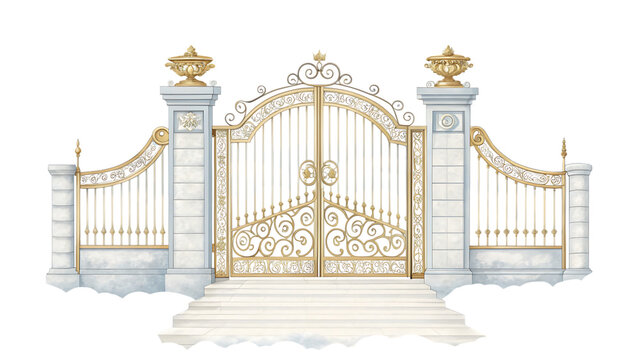 wrought gate with golden gate isolated on white background PNG.AI GENERATED