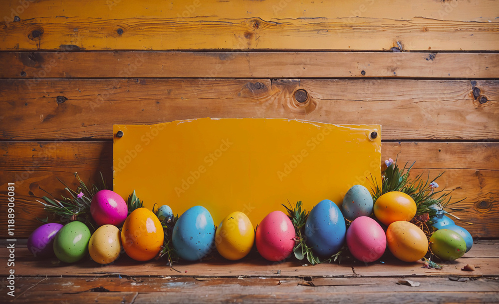 Poster sign is on a wooden board with a bunch of eggs on it. the sign is yellow and has a blank space
