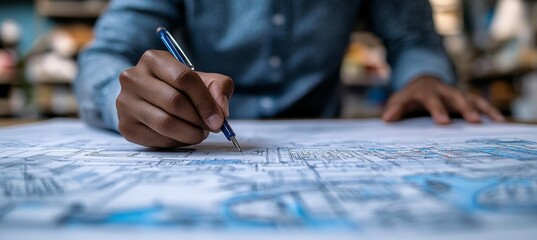 Naklejka premium Architect Hands Drafting Detailed Blueprints, Close Up, Design and Construction Theme