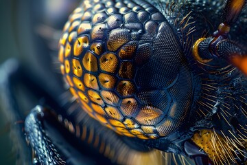 Fototapeta premium Macro shot of a Detailed Look at an Insect's Compound Eye with Intricate Patterns and Vivid Colors