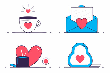 Love-Themed Icons: Coffee, Letter, Mug, and Cloud with Heart Symbols
