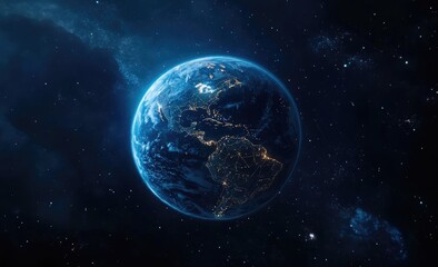 Fototapeta premium A wide shot of the Earth from space, with glowing city lights on its surface and interconnected lines representing global connectivity and data flow, against a dark background.