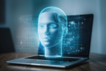 Futuristic holographic head projection, glowing blue digital face, emerging from laptop screen, artificial intelligence visualization, dark background, floating binary code, cybernetic concept art, hi