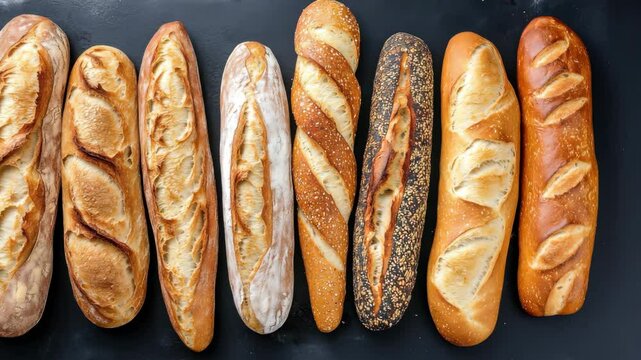 Different types of bread displayed on black surface showcasing various textures and crusts