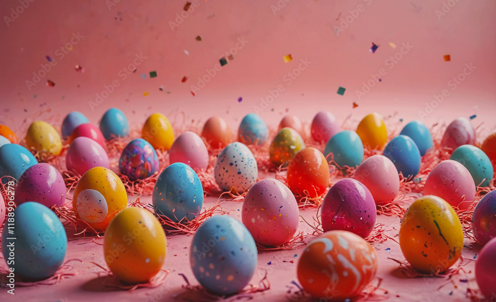 Poster Bunch of colorful eggs are scattered on a pink background. There are at least 15 eggs in the image