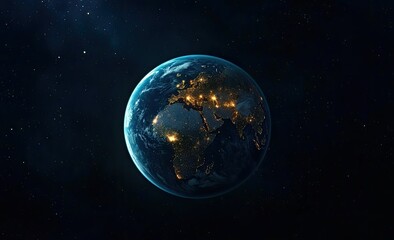Naklejka premium A wide shot of the Earth from space, with glowing city lights on its surface and interconnected lines representing global connectivity and data flow, against a dark background.