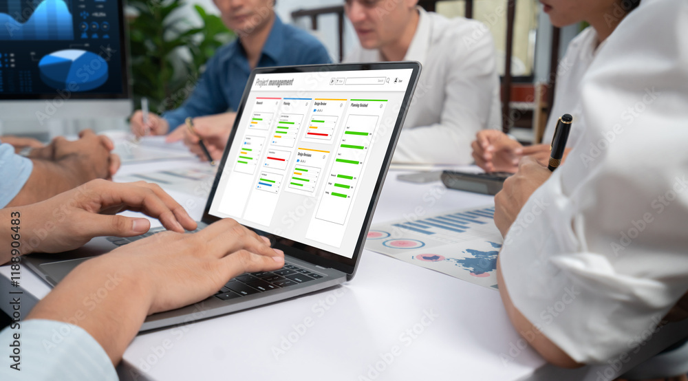 Poster Project planning software for brisk business project management on the computer screen showing timeline chart of the team project
