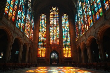 Obraz premium Beautiful stained glass windows illuminate the interior of a historic church during daylight