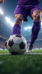 Obraz premium Captivating close-up of a soccer player preparing to kick a ball on the field. Ideal for sports, fitness, and promotional materials.