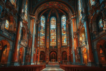 Obraz premium Stained glass windows illuminate a serene interior of a majestic church in warm, vibrant colors during afternoon light