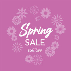 Vector Spring Sale Advertisement with Floral Decorations and Discount Offer over a Purple Background
