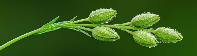Fresh Green Buds with Water Droplets on a Branch Against a Soft Green Background