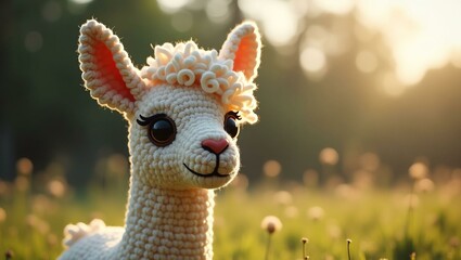 Obraz premium realistic highly detailed crochet of a alpaca with a nature background