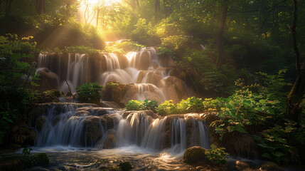 A cascading waterfall in Plitvice Lakes National Park, Croatia, surrounded by lush greenery and turquoise pools glowing under soft morning light.