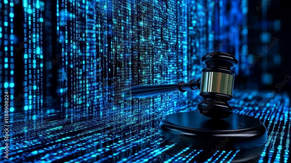Poster cyber law and justice judge s gavel on binary code background, digital legal concept.