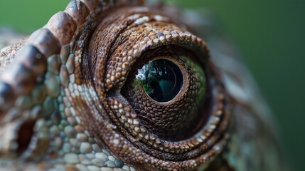 Naklejka premium A close-up of a chameleon's eye, showcasing its intricate patterns and textures, with a blurred green background emphasizing the subject's vivid colors.