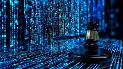Cyber Law And Justice Judge s Gavel On Binary Code Background, Digital Legal Concept.