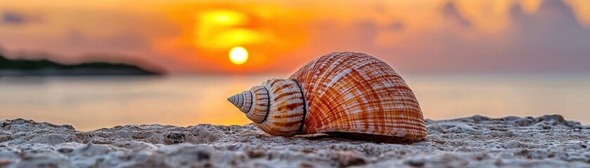 Close-Up of a Beautiful Seashell on a Serene Beach During a Colorful Sunset Landscape