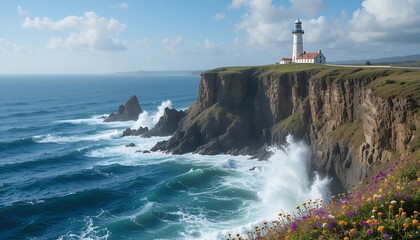 A rugged coastal cliffside with waves crashing dramatically below