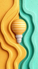 Obraz premium A vibrant, abstract design featuring wavy patterns in yellow and teal, centered around a striped light bulb, symbolizing creativity and illumination.