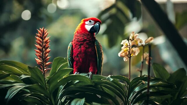 A vibrant red parrot perched among lush green foliage and tropical flowers in a serene natural setting