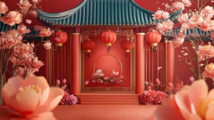 Festive Chinese New Year Pavilion Decorated With Blossoms