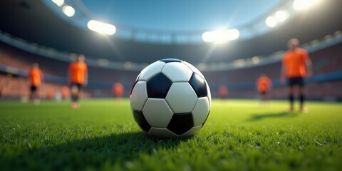 A close-up of a soccer ball on the pitch, with players in orange jerseys in the background, showcasing the excitement of a soccer match in a vibrant stadium.