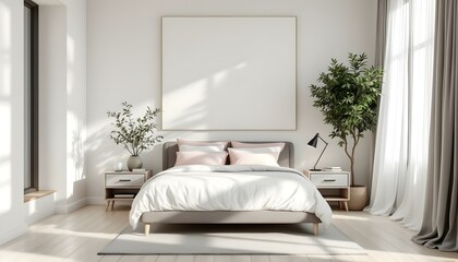 Light, cute and cozy home bedroom interior with an unmade bed, pink plaid and cushions on empty white wall background. Bedroom with a rustic interior design style