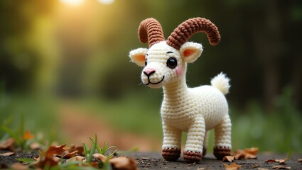 realistic highly detailed crochet of a goat with a nature background