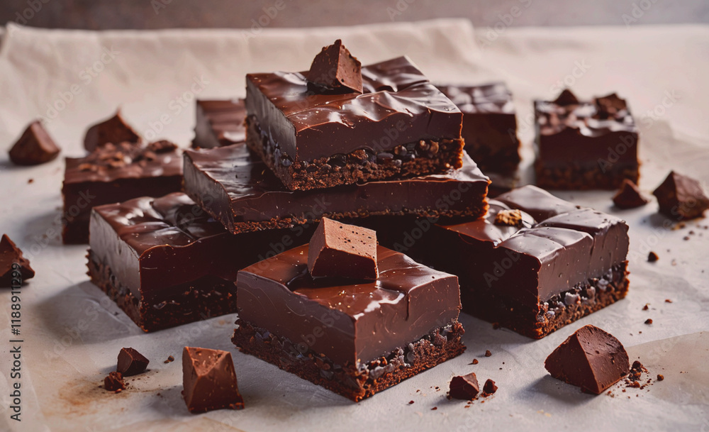 Poster stack of chocolate bars with chocolate chips on top. the chocolate bars are cut into squares. there 