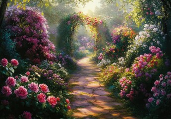 A wide view of the English garden, showcasing an array of colorful flowers and plants, including roses in various shades of pink and purple,