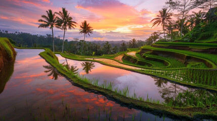 A tranquil rice paddy at sunrise, its still waters reflecting the vibrant orange and pink sky, bordered by distant coconut trees.