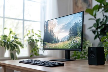 Fototapeta premium Stunning Nature Desktop Display: Enhance Your Workspace with Serene Scenery and a Modern Computer Setup, Optimizing Productivity with Green Ambiance.