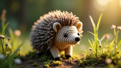 realistic highly detailed crochet of a hedgehog with a nature background