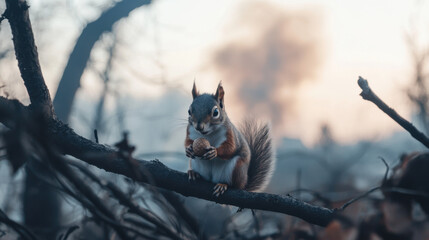 squirrel clutching acorn perched on charred branch, surrounded by smoky landscape. scene captures resilience of wildlife in post fire environment