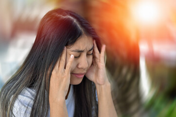Vertigo illness concept. Woman hands on head felling headache dizzy sense of spinning dizziness,a...